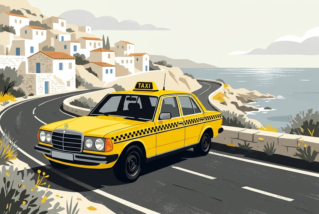 Yellow GetTaxcy taxi driving along the Cyprus coast